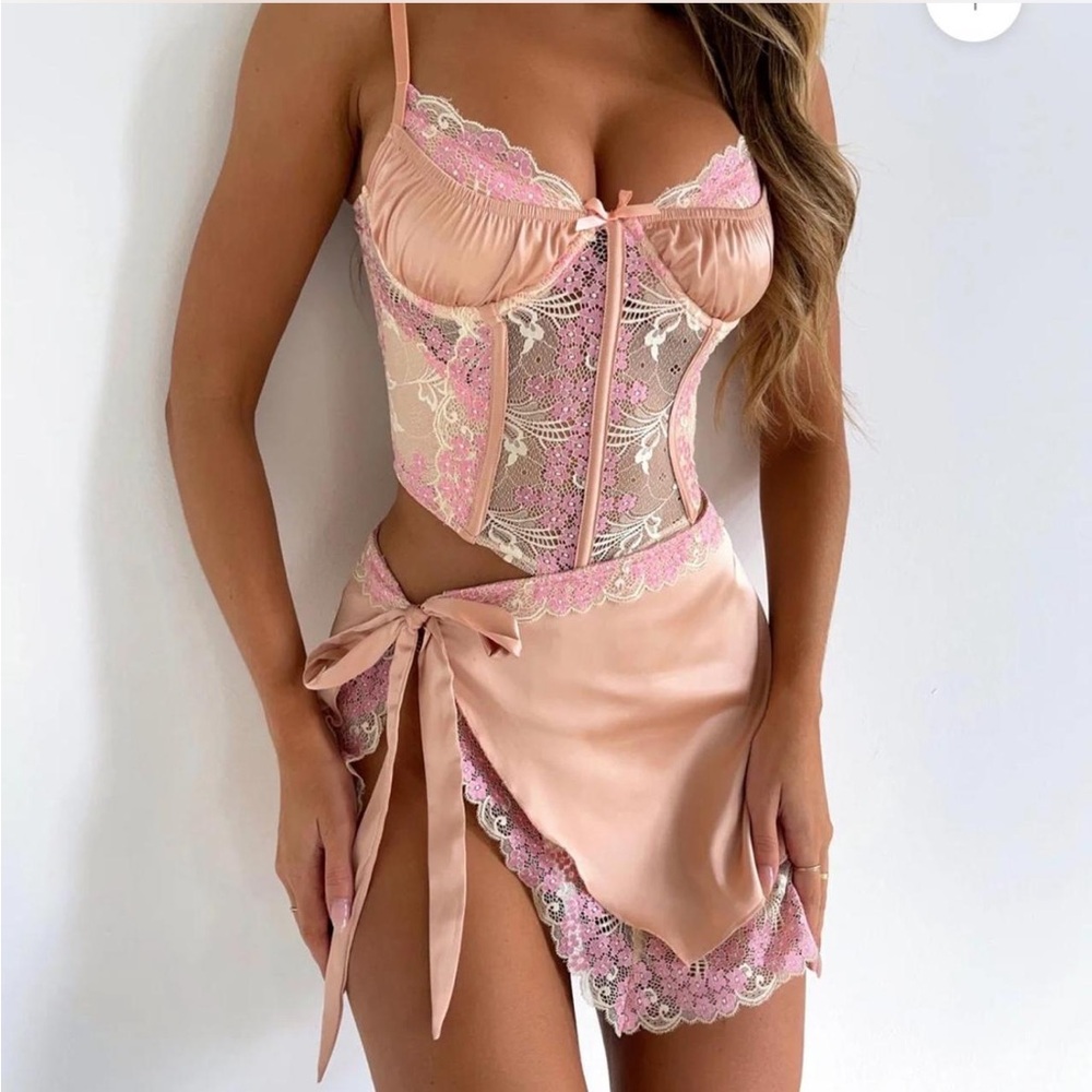 Outcast pink lace corset set